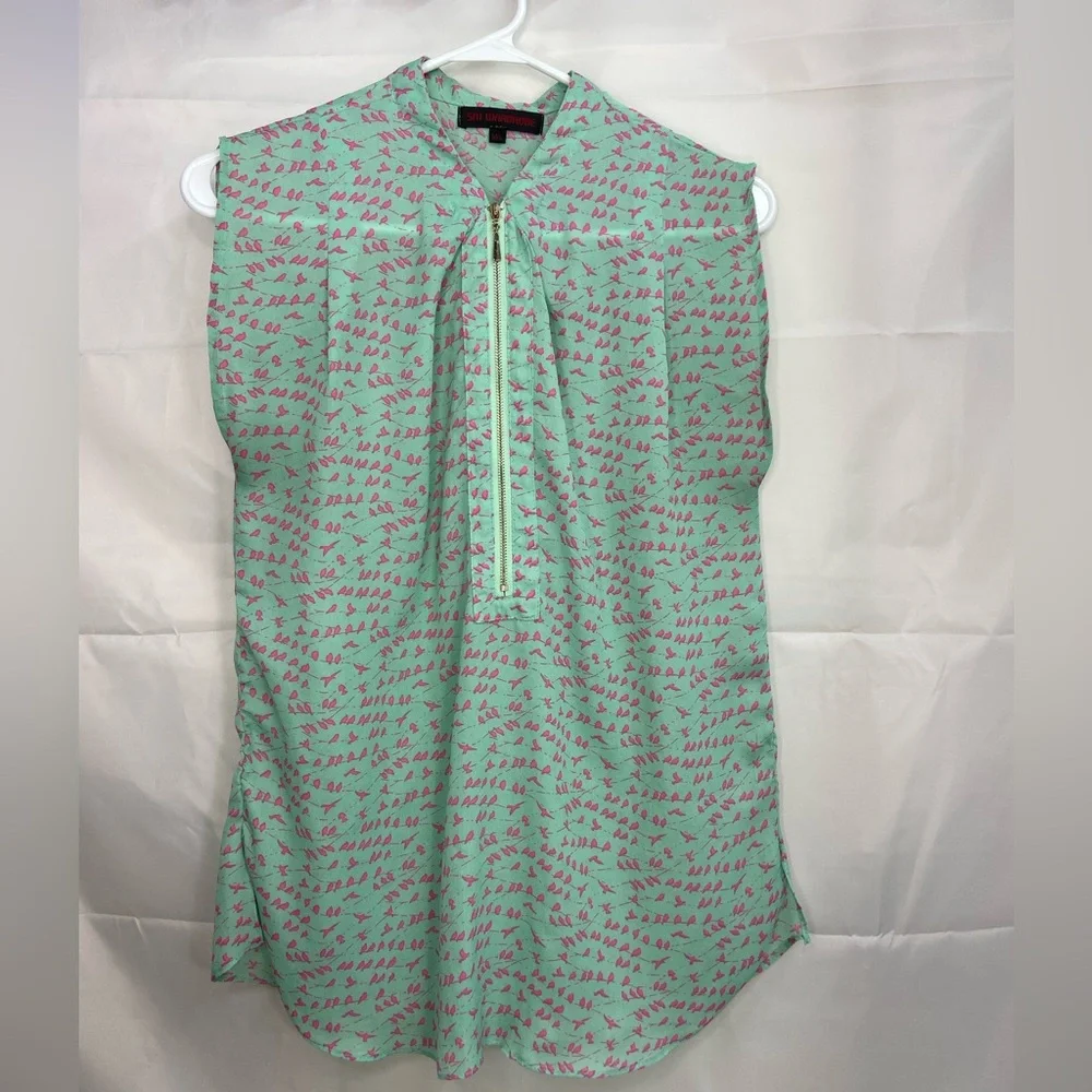 EUC SM Wardrobe women’s turquoise pink sleeveless sheer half‎ zip blouse summer